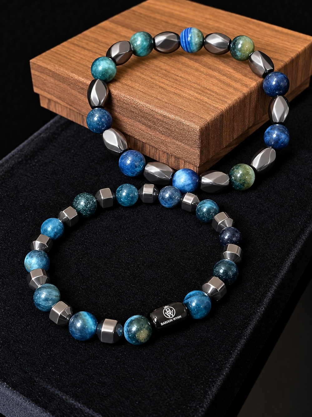 Ink Blue Green Tiger Eye & Hematite Bracelet Set